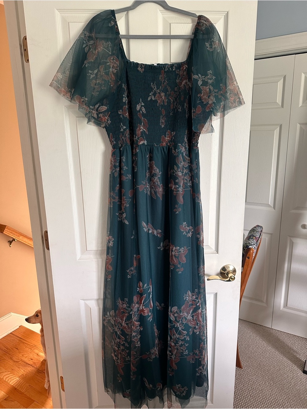 Ice Teal Floral Mesh Maxi Dress with Flutter Sleeves